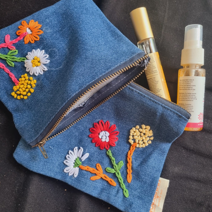 Upcycled Denim Tote Pouch with Hand Embroidery Combo