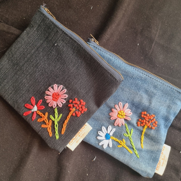 Upcycled Denim Tote Pouch with Hand Embroidery Combo (set of 2)