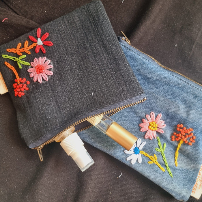 Upcycled Denim Tote Pouch with Hand Embroidery Combo (set of 2)