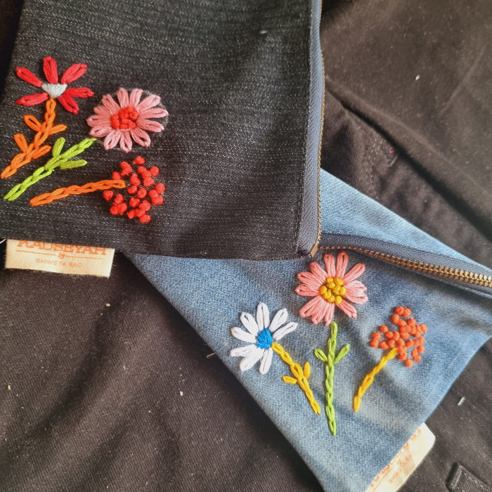 Upcycled Denim Tote Pouch with Hand Embroidery Combo (set of 2)