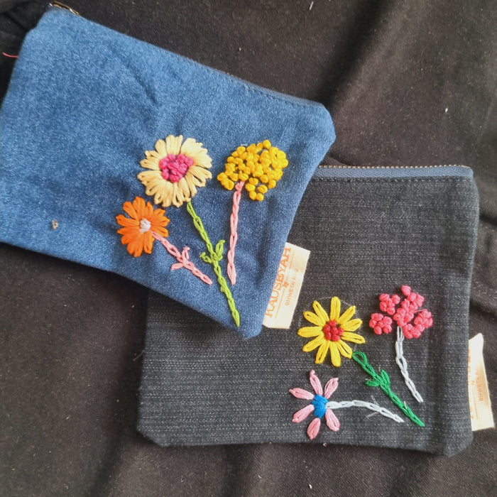 Upcycled Denim Tote Pouch with Hand Embroidery Combo (set of 2)