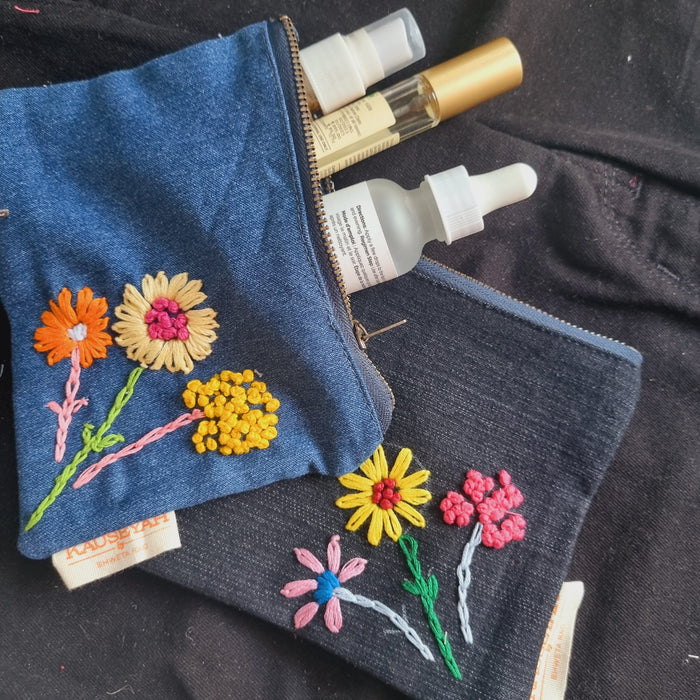 Upcycled Denim Tote Pouch with Hand Embroidery Combo (set of 2)