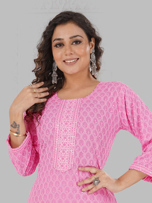 Rayon Chikan sequence work Kurti-NMK-PINK