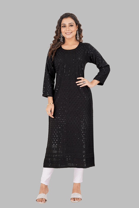 Rayon Chikan sequence work Kurti-NMK-BLACK