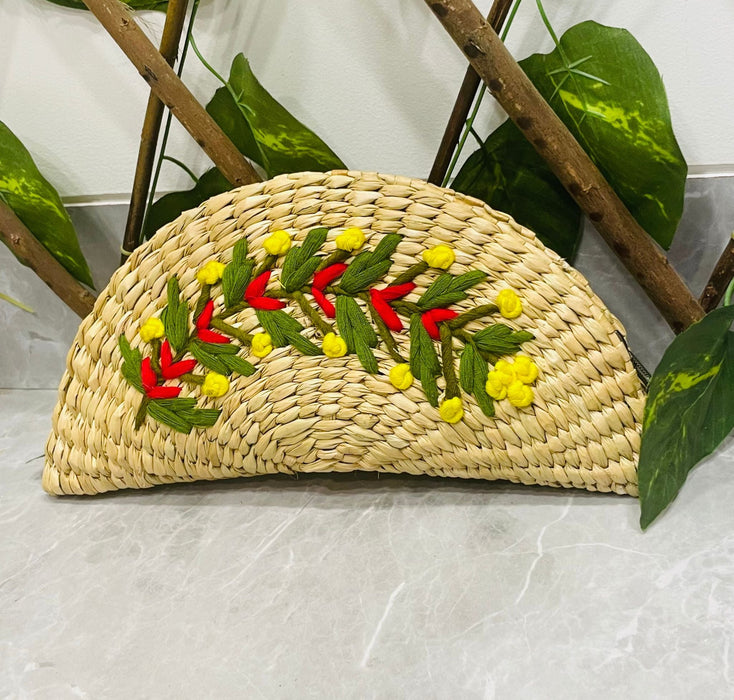 Wicker Straw Handwoven Clutch | Hand-embroidered | Saanjh Exclusive (BIG)