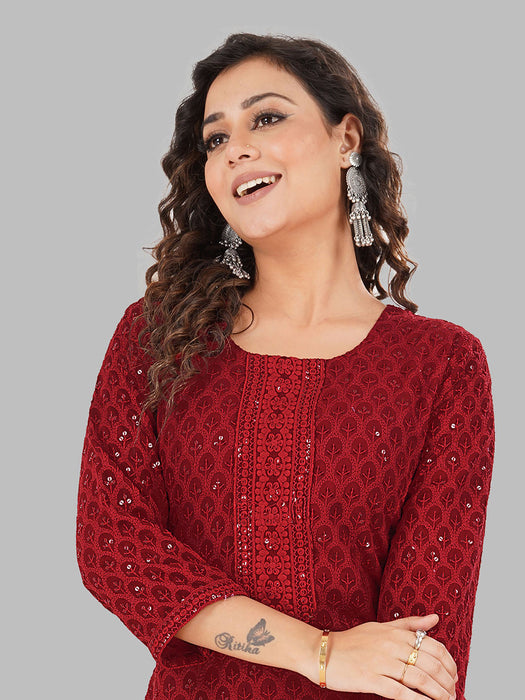 Rayon Chikan sequence work Kurti-NMK-RED