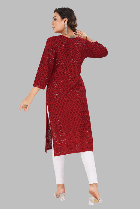 Rayon Chikan sequence work Kurti-NMK-RED