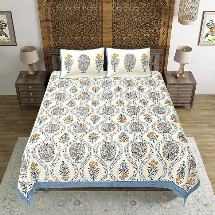 Jaipuri Print Cotton king 90 by 108 Floral Bedsheet with two big size pillow cover BS-28 White Floral print