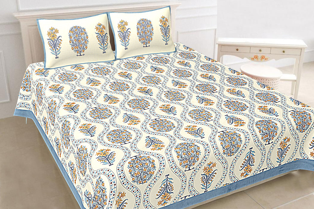 Jaipuri Print Cotton king 90 by 108 Floral Bedsheet with two big size pillow cover BS-28 White Floral print