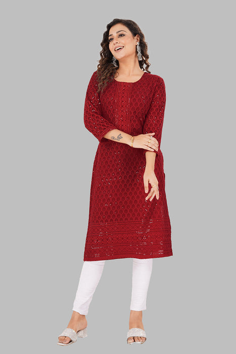 Rayon Chikan sequence work Kurti-NMK-RED