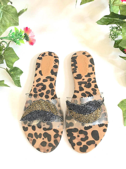 Leopard Feather Sliders Flats