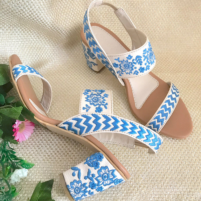 Crème & Blue Block Heels