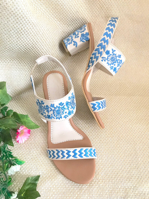 Crème & Blue Block Heels