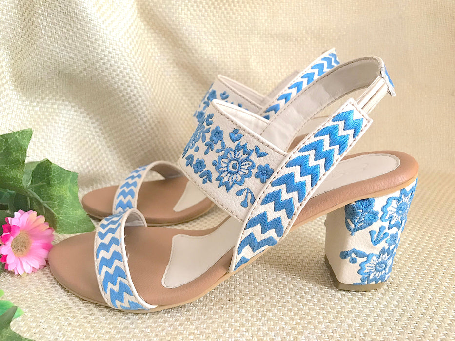 Crème & Blue Block Heels