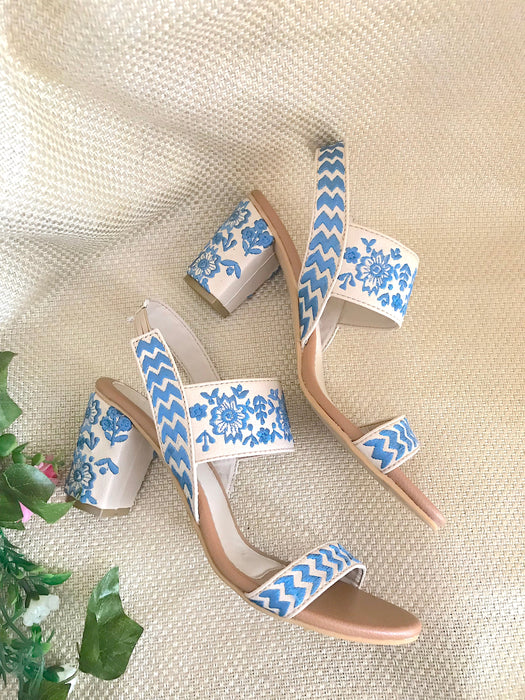 Crème & Blue Block Heels