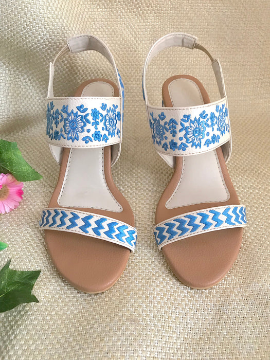 Crème & Blue Block Heels