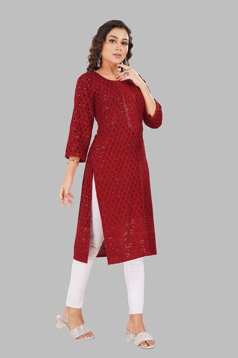 Rayon Chikan sequence work Kurti-NMK-RED