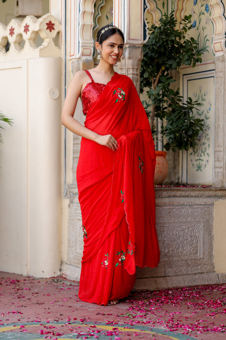 Sequin Scarlet Splendor (Hand embroidered Chiffon Saree)