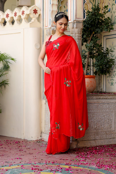 Sequin Scarlet Splendor (Hand embroidered Chiffon Saree)