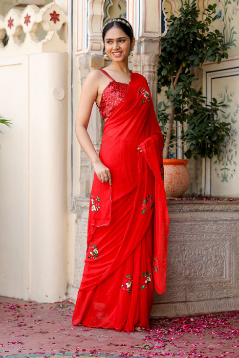 Sequin Scarlet Splendor (Hand embroidered Chiffon Saree)