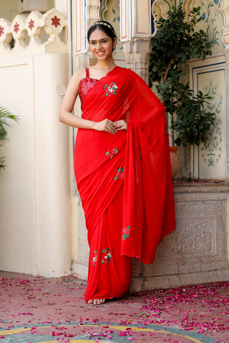 Sequin Scarlet Splendor (Hand embroidered Chiffon Saree)