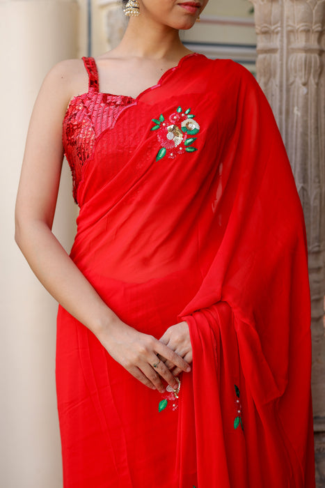 Sequin Scarlet Splendor (Hand embroidered Chiffon Saree)