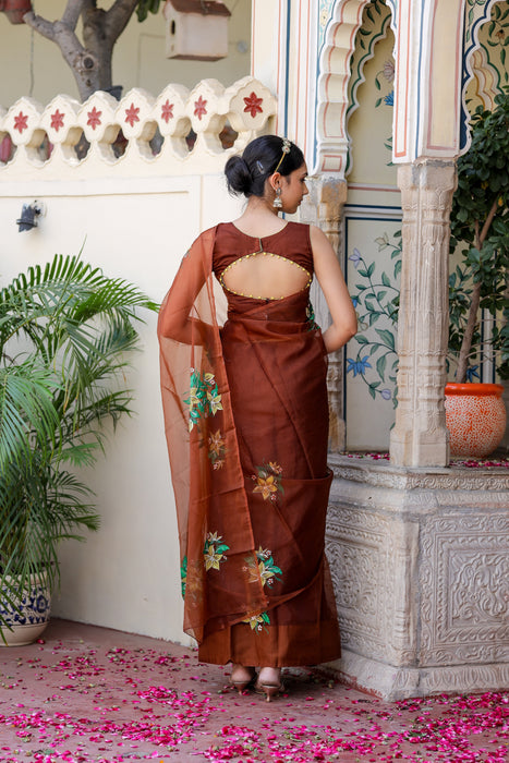 Earthen Elegance (Handpainted Brown Organza with handwork saree)