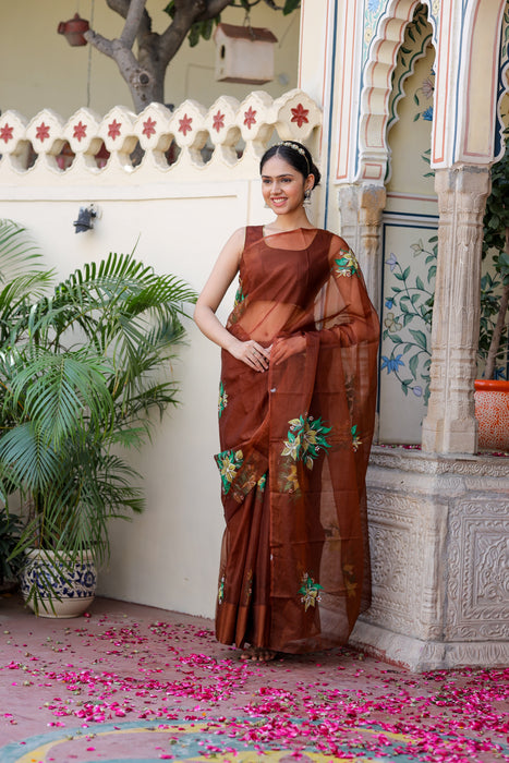 Earthen Elegance (Handpainted Brown Organza with handwork saree)