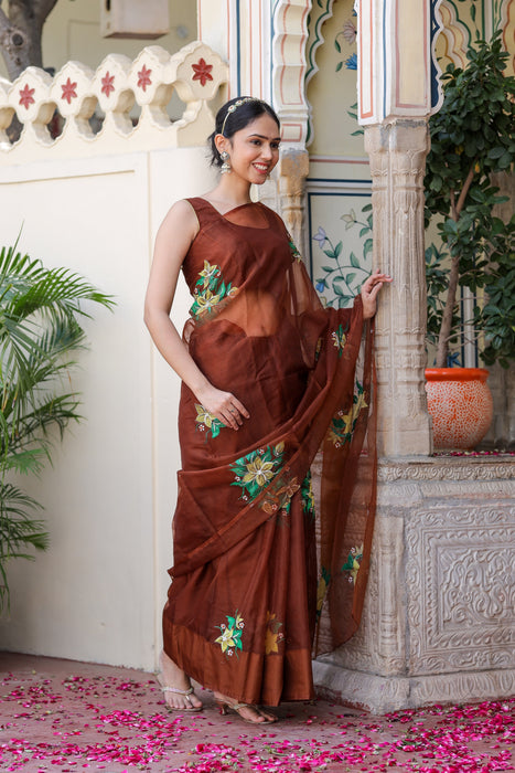 Earthen Elegance (Handpainted Brown Organza with handwork saree)