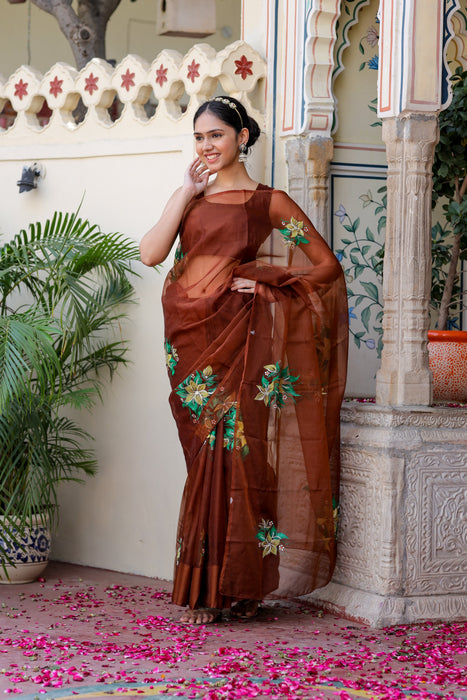 Earthen Elegance (Handpainted Brown Organza with handwork saree)