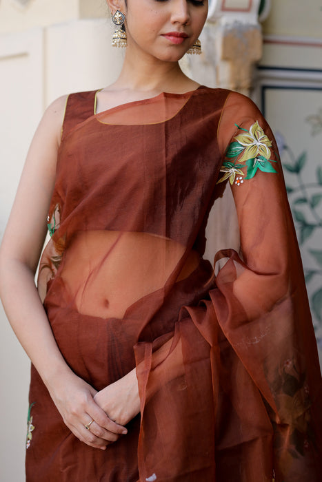 Earthen Elegance (Handpainted Brown Organza with handwork saree)