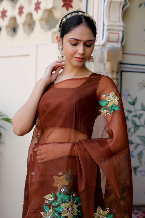 Earthen Elegance (Handpainted Brown Organza with handwork saree)