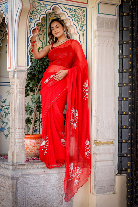 Pearl Elegance (Chiffon Saree with handwork of pearls)