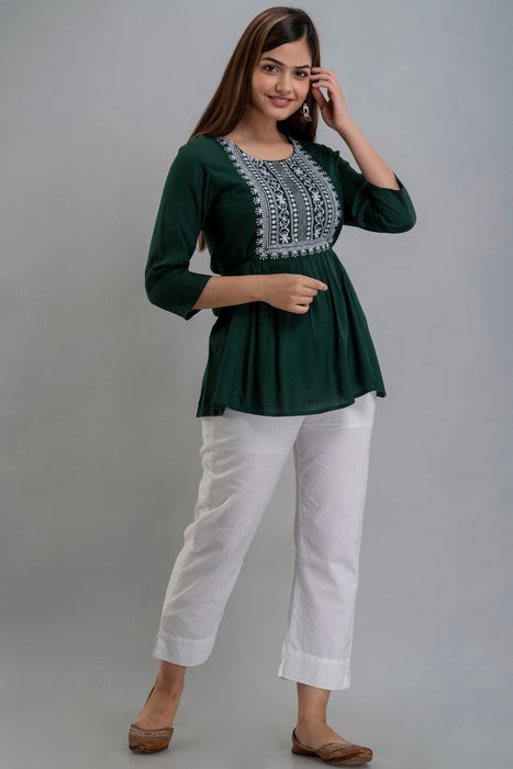 Women's Rayon embroidered Hip Length Formal Tops KRT035GREEN