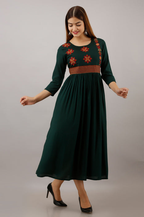 Women's Solid Dyed Rayon Designer Embroidered A-Line Kurta - KR009GREEN