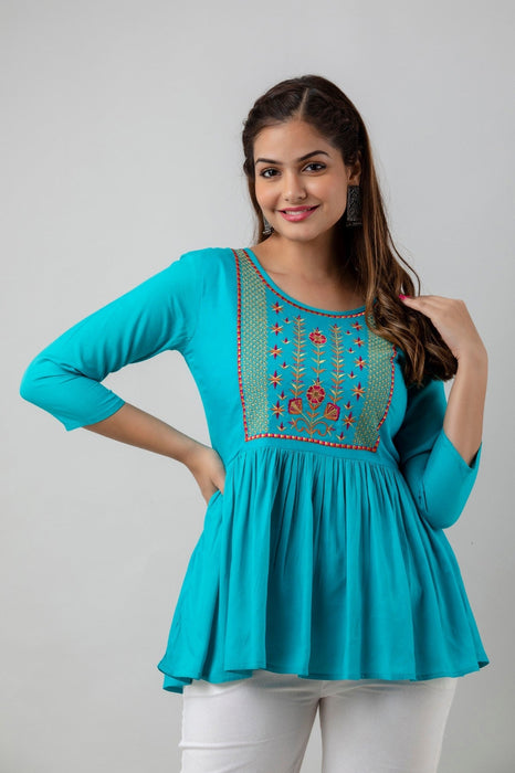 Women's Rayon embroidered Hip Length Formal Tops KRT036TURQUOISE