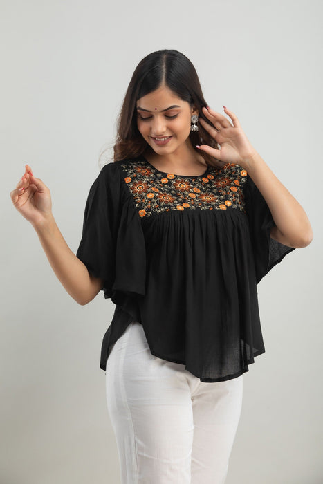 Women's Rayon embroidered Hip Length Formal Tops KRT019BLACK