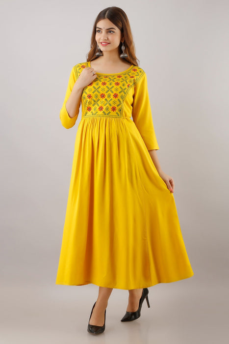 Women's Solid Dyed Rayon Designer Embroidered A-Line Kurta - KR016MUSTARD