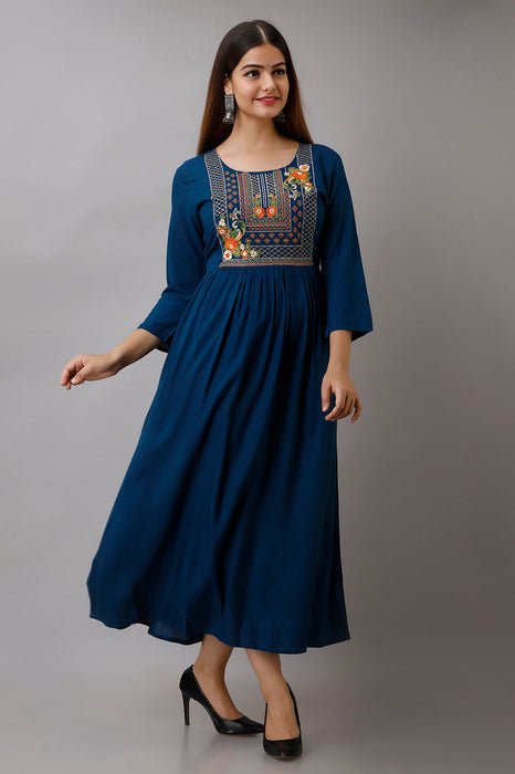 Women's Solid Dyed Rayon Designer Embroidered A-Line Kurta - KR037BLUE