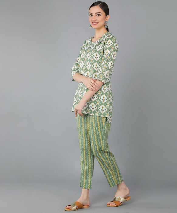 Olive green Cotton Printed Top & Trouser