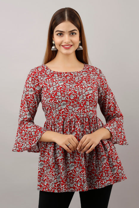 Women's Pure Cotton Printed Hip Length Formal Tops KR001RED