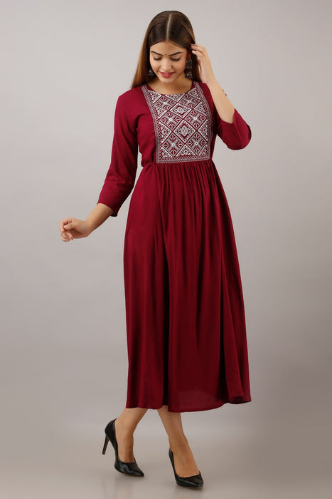 Women's Solid Dyed Rayon Designer Embroidered A-Line Kurta - KR047MAROON