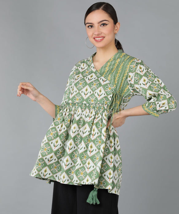 OLIVE GREEN ANGRAKHA PATTERN TOP