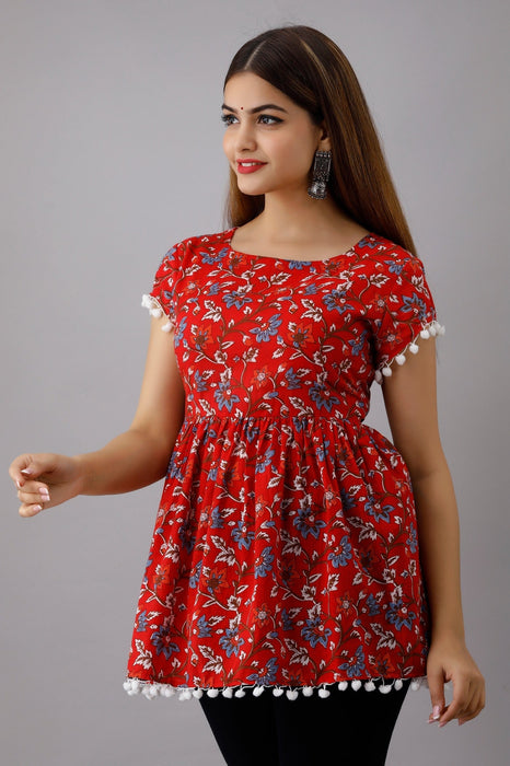 Women's Pure Cotton Printed Hip Length Formal Tops KRT010RED