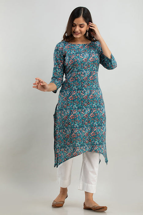 Women's Rayon Printed Calf Length Straight Kurta KR0108BLUE