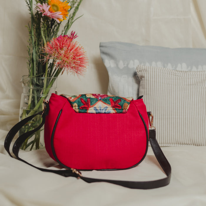 Sillica Red Chain Stitch Hand Embroidery Canvas Sling Bag