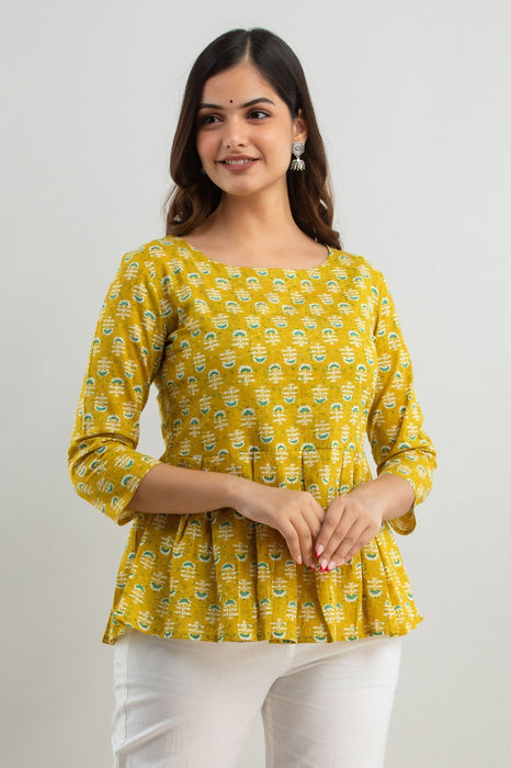 Women's Pure Cotton Printed Hip Length Formal Tops KRT026YELLOW