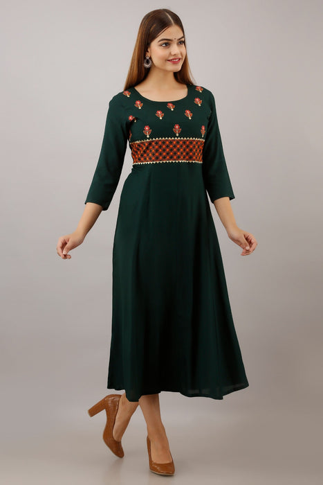 Women's Solid Dyed Rayon Designer Embroidered A-Line Kurta - KR053GREEN