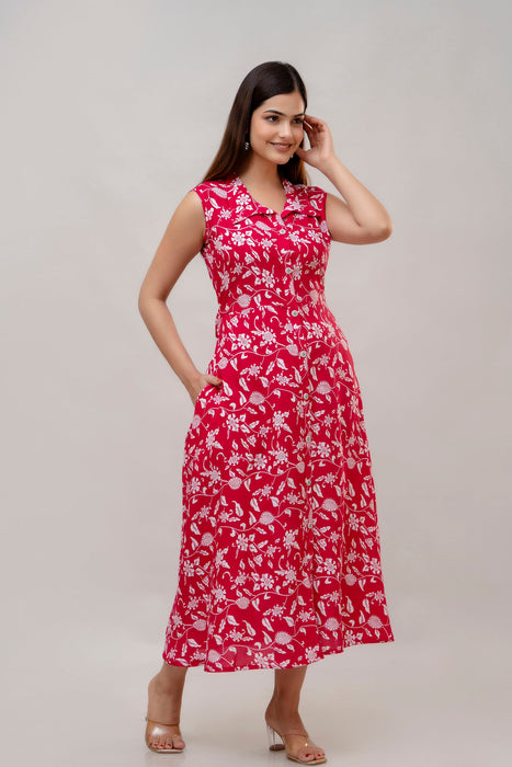 Women's Pure Rayon Designer Printed Dress-(Pink)-WT2007PINK