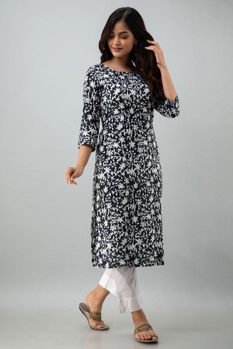 Women's Rayon Printed Calf Length Straight Kurta KR081BLACK